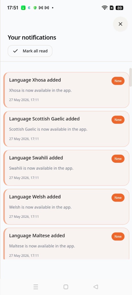 Languagator Notifications screen