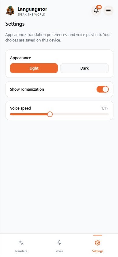 Languagator Settings screen
