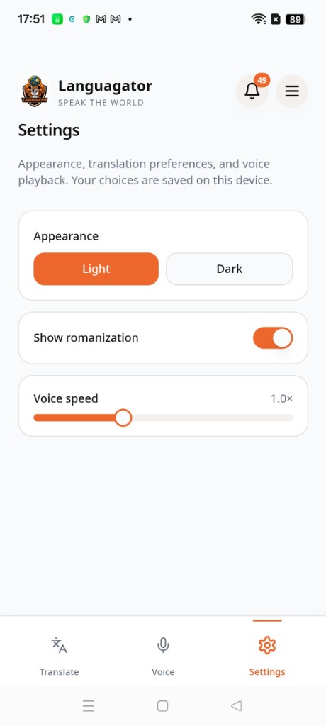 Languagator Settings screen